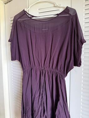 Express Plum Sheer-Yoke Cinched-Waist Dress